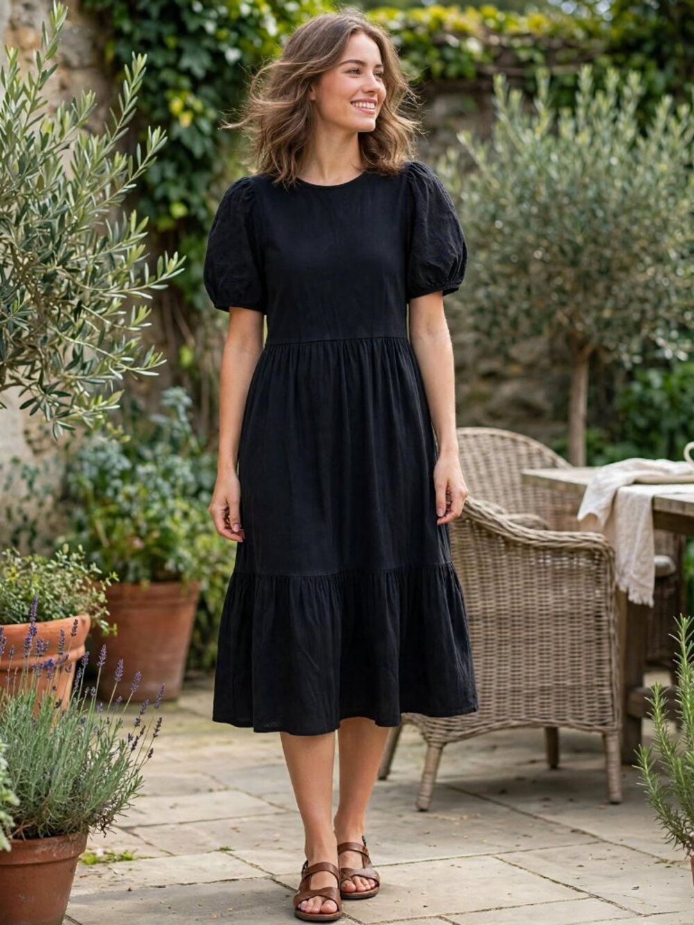 J.Crew Size M Black Eyelet Puff Sleeve Tiered Peasant Dress - Cottagecore